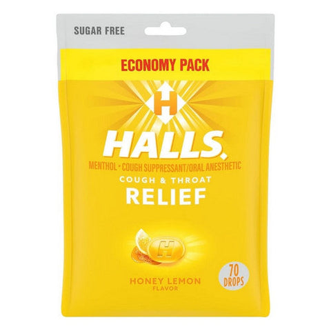 Halls, Cough And Throat Drops Sugar Free Honey Lemon Flavor, 70 Count Halls