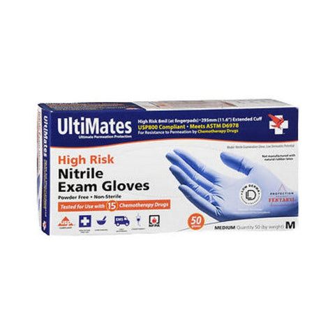 Ultimates, High Risk Nitrile Exam Gloves Extended Cuff Medium, 50 Count Ultimates